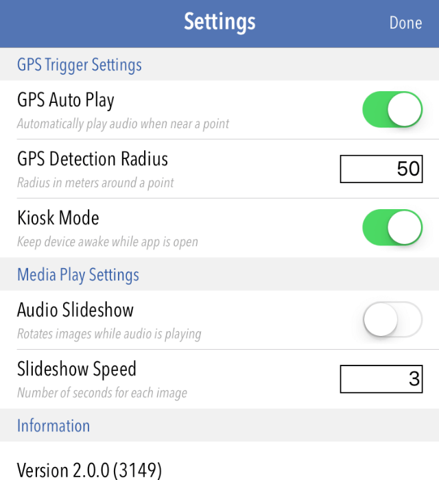 Settings for GPS Triggers in Tour Buddy App